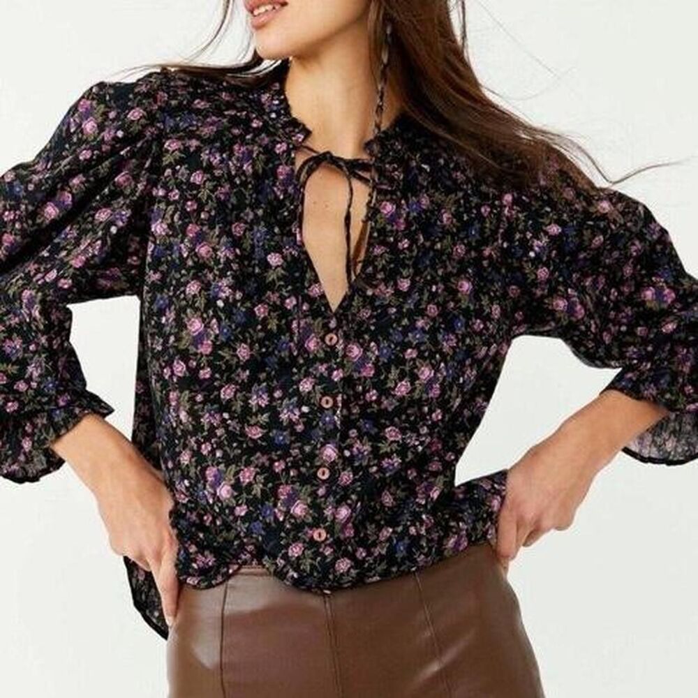Free People Meant To Be Blouse L Black Floral Ruffle Puff Sleeve Boho Prairie